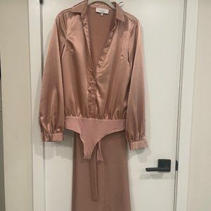 L'Academie Pink Satin Bodysuit and Pant Set